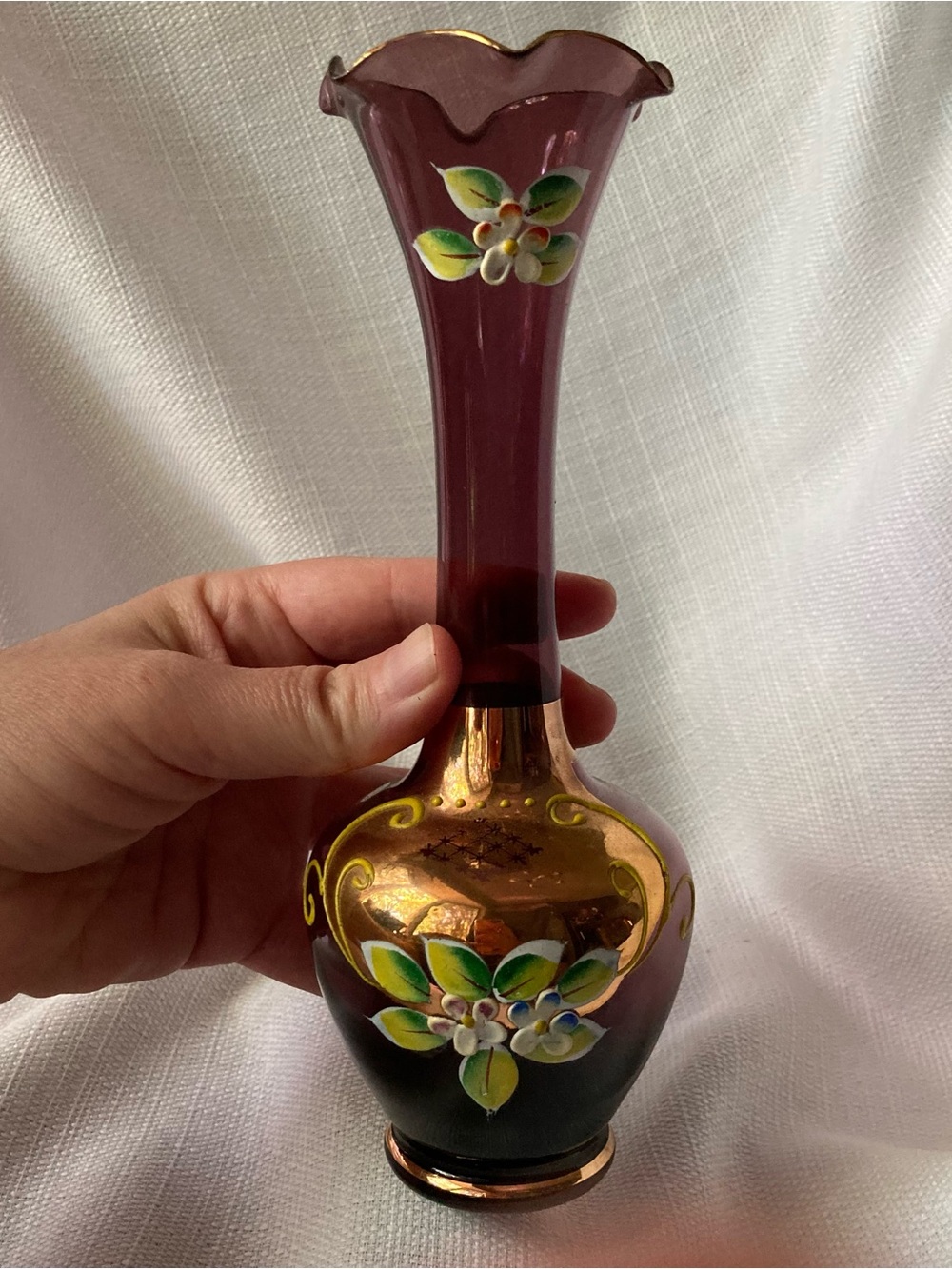 Vintage Enesco (Japan) Painted Amethyst Glass Bud Vase!